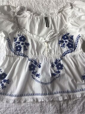 Anthropology White Peasant Top with Blue Floral Embroidery